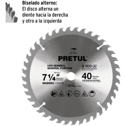 Discos sierras 7-1/4" 40Dientes C5/8", para madera, Pretul 27056 Pretul-Discos sierras 7-1/4" 40Dientes C5/8", para madera, Pret