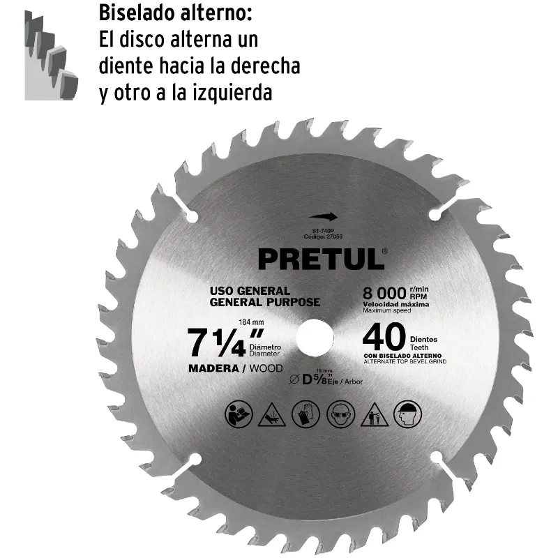 Discos sierras 7-1/4" 40Dientes C5/8", para madera, Pretul 27056 Pretul-Discos sierras 7-1/4" 40Dientes C5/8", para madera, Pret