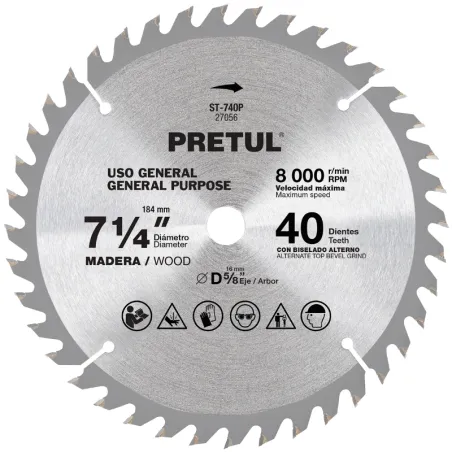 Discos sierras 7-1/4" 40Dientes C5/8", para madera, Pretul 27056 Pretul-Discos sierras 7-1/4" 40Dientes C5/8", para madera, Pret
