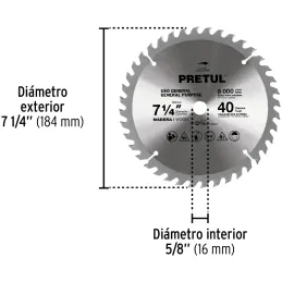 Discos sierras 7-1/4" 40Dientes C5/8", para madera, Pretul 27056 Pretul-Discos sierras 7-1/4" 40Dientes C5/8", para madera, Pret