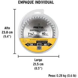 Discos sierras 7-1/4" 40Dientes C5/8", para madera, Pretul 27056 Pretul-Discos sierras 7-1/4" 40Dientes C5/8", para madera, Pret