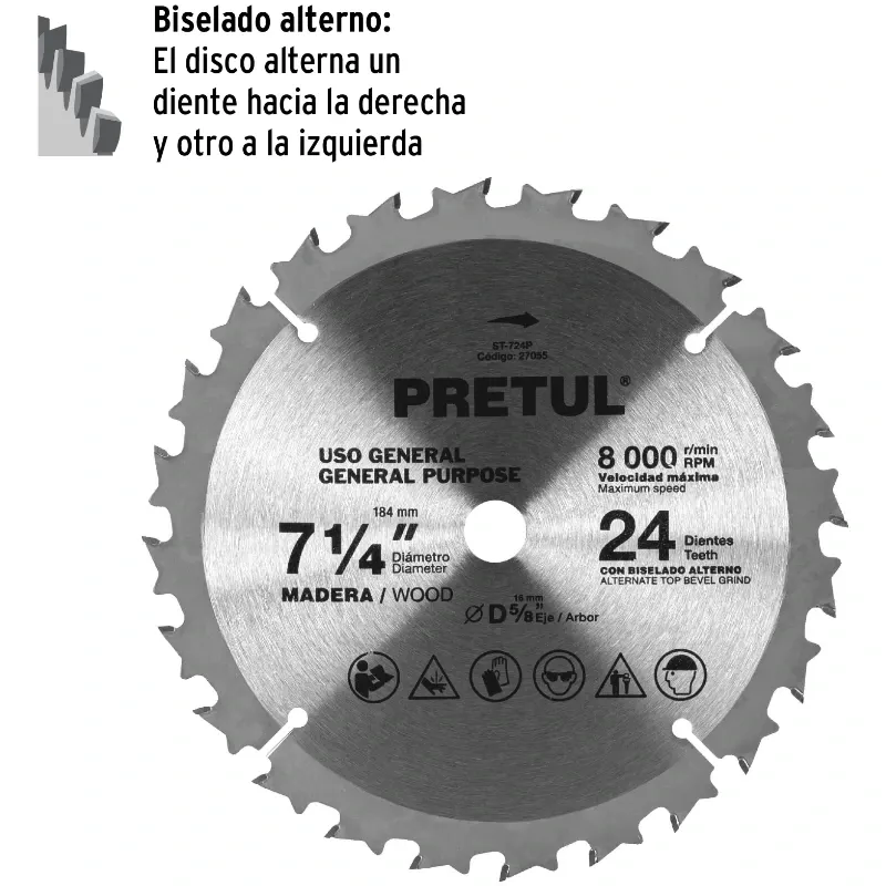 Discos sierras 7-1/4" 24Dientes C5/8", para madera, Pretul 27055 Pretul-Discos sierras 7-1/4" 24Dientes C5/8", para madera, Pret