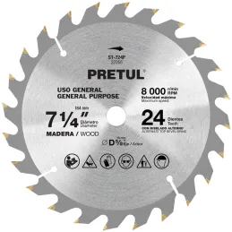 Discos sierras 7-1/4" 24Dientes C5/8", para madera, Pretul 27055 Pretul-Discos sierras 7-1/4" 24Dientes C5/8", para madera, Pret