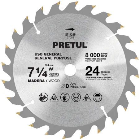 Discos sierras 7-1/4" 24Dientes C5/8", para madera, Pretul 27055 Pretul-Discos sierras 7-1/4" 24Dientes C5/8", para madera, Pret