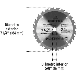 Discos sierras 7-1/4" 24Dientes C5/8", para madera, Pretul 27055 Pretul-Discos sierras 7-1/4" 24Dientes C5/8", para madera, Pret