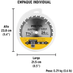 Discos sierras 7-1/4" 24Dientes C5/8", para madera, Pretul 27055 Pretul-Discos sierras 7-1/4" 24Dientes C5/8", para madera, Pret