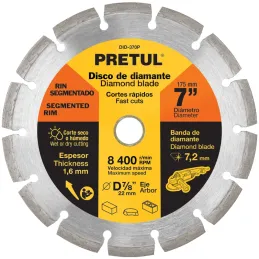 Discos de Corte Diamantados Rin Segmentado 7" x1.6mm Marmol Concreto Piedra D7/8 cReductoes, Pretul 27033 Pretul-Discos de Corte
