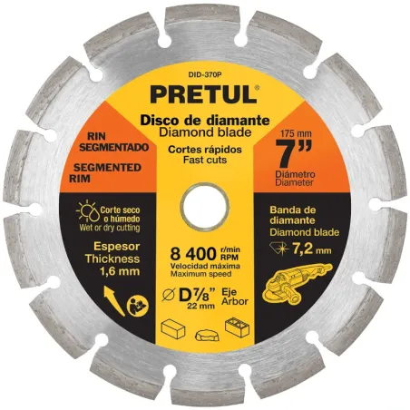 Discos de Corte Diamantados Rin Segmentado 7" x1.6mm Marmol Concreto Piedra D7/8 cReductoes, Pretul 27033 Pretul-Discos de Corte
