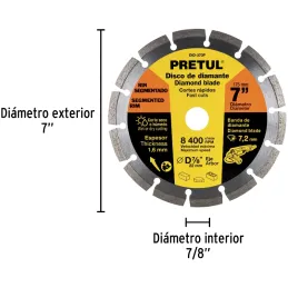 Discos de Corte Diamantados Rin Segmentado 7" x1.6mm Marmol Concreto Piedra D7/8 cReductoes, Pretul 27033 Pretul-Discos de Corte