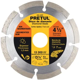 Discos de Corte Diamantados Rin Segmentado 4-1/2" x1.2mm Marmol Concreto Piedra D7/8 cReductoes, Pretul 27032 Pretul-Discos de C