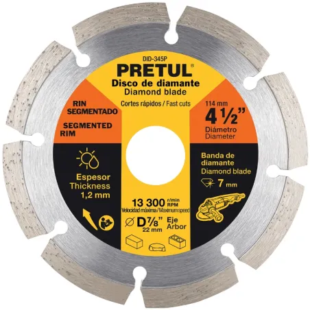 Discos de Corte Diamantados Rin Segmentado 4-1/2" x1.2mm Marmol Concreto Piedra D7/8 cReductoes, Pretul 27032 Pretul-Discos de C