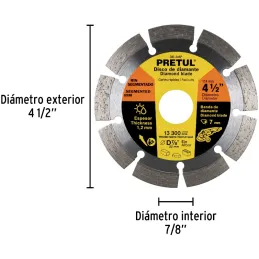 Discos de Corte Diamantados Rin Segmentado 4-1/2" x1.2mm Marmol Concreto Piedra D7/8 cReductoes, Pretul 27032 Pretul-Discos de C