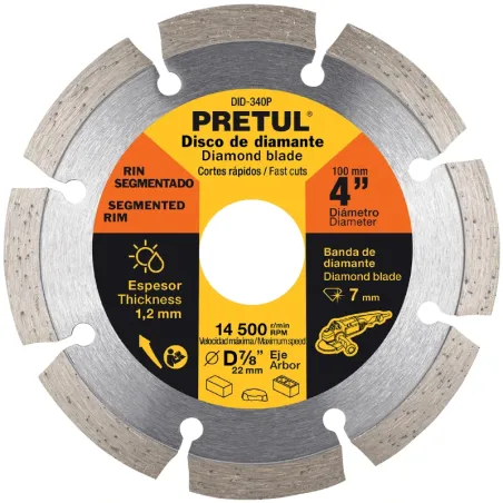 Discos de Corte Diamantados Rin Segmentado 4" x1.2mm Marmol Concreto Piedra D7/8 cReductoes, Pretul 27016 Pretul-Discos de Corte