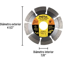 Discos de Corte Diamantados Rin Segmentado 4" x1.2mm Marmol Concreto Piedra D7/8 cReductoes, Pretul 27016 Pretul-Discos de Corte