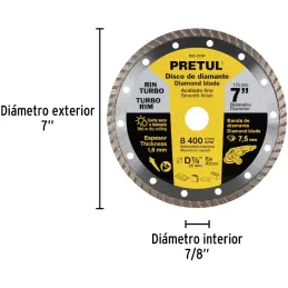 Discos de Corte Diamantados Rin Turbo 7" x1.6mm Marmol Concreto Piedra D7/8 cReductoes, Pretul 27018 Pretul-Discos de Corte Diam