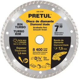 Discos de Corte Diamantados Rin Turbo 7" x1.6mm Marmol Concreto Piedra D7/8 cReductoes, Pretul 27018 Pretul-Discos de Corte Diam