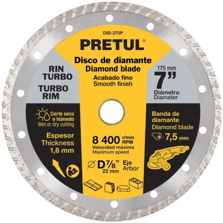 Discos de Corte Diamantados Rin Turbo 7" x1.6mm Marmol Concreto Piedra D7/8 cReductoes, Pretul 27018 Pretul-Discos de Corte Diam