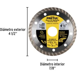 Discos de Corte Diamantados Rin Turbo 4-1/2" x1.2mm Marmol Concreto Piedra D7/8 cReductoes, Pretul 27017 Pretul-Discos de Corte 