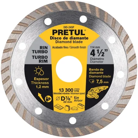 Discos de Corte Diamantados Rin Turbo 4-1/2" x1.2mm Marmol Concreto Piedra D7/8 cReductoes, Pretul 27017 Pretul-Discos de Corte 