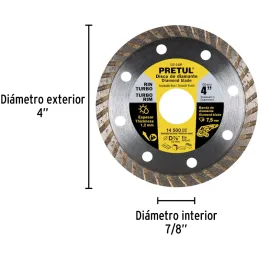 Discos de Corte Diamantados Rin Turbo 4" x1.2mm Marmol Concreto Piedra D7/8 cReductoes, Pretul 27016 Pretul-Discos de Corte Diam