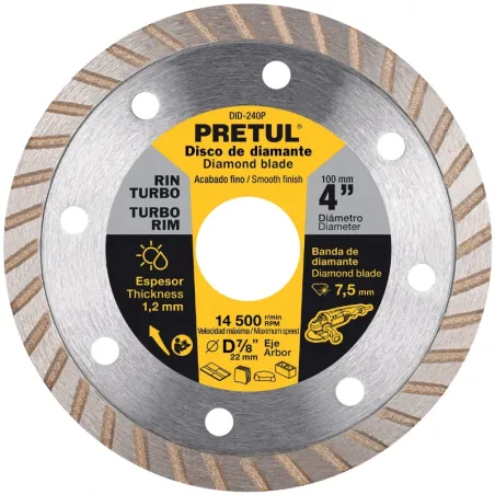 Discos de Corte Diamantados Rin Turbo 4" x1.2mm Marmol Concreto Piedra D7/8 cReductoes, Pretul 27016 Pretul-Discos de Corte Diam