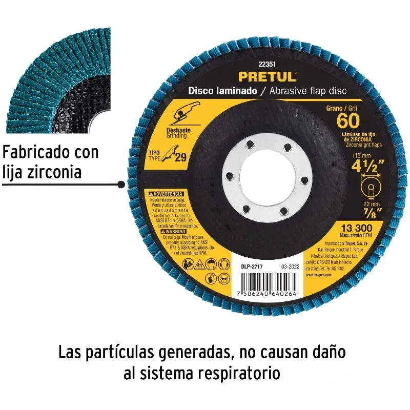 Discos Flap Discs Laminado 4-1/2" G60 Lija de Zirconia, DLP-2717 22351 Pretul Pretul-Discos Flap Discs Laminado 4-1/2" G60 Lija 