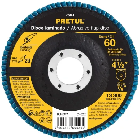 Discos Flap Discs Laminado 4-1/2" G60 Lija de Zirconia, DLP-2717 22351 Pretul Pretul-Discos Flap Discs Laminado 4-1/2" G60 Lija 