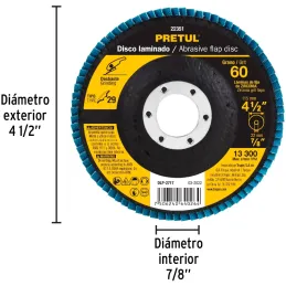 Discos Flap Discs Laminado 4-1/2" G60 Lija de Zirconia, DLP-2717 22351 Pretul Pretul-Discos Flap Discs Laminado 4-1/2" G60 Lija 