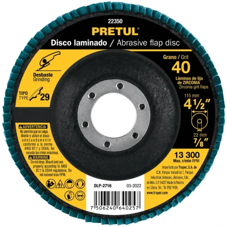 Discos Flap Discs Laminado 4-1/2" G40 Lija de Zirconia, DLP-2716 22350 Pretul Pretul-Discos Flap Discs Laminado 4-1/2" G40 Lija 