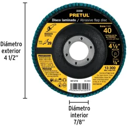Discos Flap Discs Laminado 4-1/2" G40 Lija de Zirconia, DLP-2716 22350 Pretul Pretul-Discos Flap Discs Laminado 4-1/2" G40 Lija 