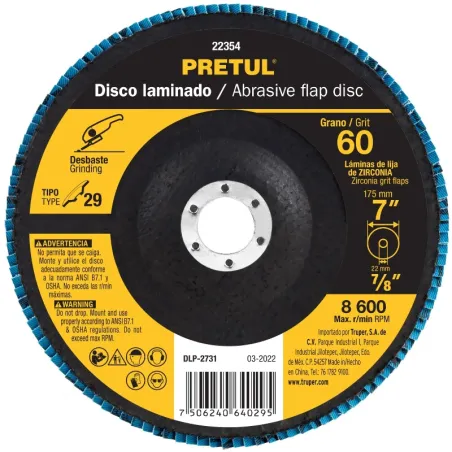 Discos Flap Discs Laminado 7" G60 Lija de Zirconia, DLP-2731 22354 Pretul Pretul-Discos Flap Discs Laminado 7" G60 Lija de Zirco