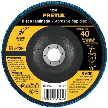Discos Flap Discs Laminado 7" G40 Lija de Zirconia, DLP-2730 22353 Pretul Pretul-Discos Flap Discs Laminado 7" G40 Lija de Zirco