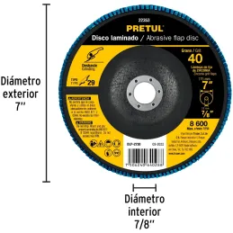 Discos Flap Discs Laminado 7" G40 Lija de Zirconia, DLP-2730 22353 Pretul Pretul-Discos Flap Discs Laminado 7" G40 Lija de Zirco
