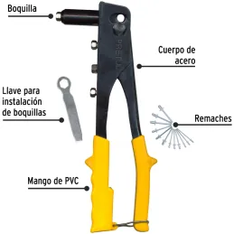 Remachadora 4 Boquillas intercambiable 3/32 1/8 5/32 3/16 Pulgadas Largo 10" incluye llave y Remache, RE-10PX 22851 Pretul Pretu