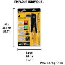 Remachadora 4 Boquillas intercambiable 3/32 1/8 5/32 3/16 Pulgadas Largo 10" incluye llave y Remache, RE-10PX 22851 Pretul Pretu