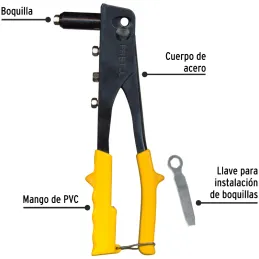 Remachadora 4 Boquillas intercambiable 3/32 1/8 5/32 3/16 Pulgadas Largo 10" incluye llave, RE-10P 22850 Pretul Pretul-Remachado