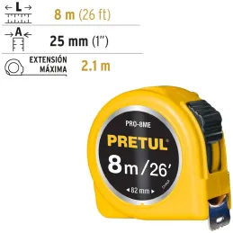 Winchas Flexometro Amarillo 8M CintaAncha ABS Pretul 21603 Pretul-Winchas Flexometro Amarillo 8M CintaAncha ABS Pretul 21603 Fab