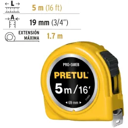 Winchas Flexometro Amarillo 5M CintaAncha ABS Pretul 21606 Pretul-Winchas Flexometro Amarillo 5M CintaAncha ABS Pretul 21606 Fab