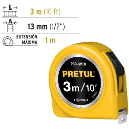 Winchas Flexometro Amarillo 3M CintaAncha ABS Pretul 21605 Pretul-Winchas Flexometro Amarillo 3M CintaAncha ABS Pretul 21605 Fab