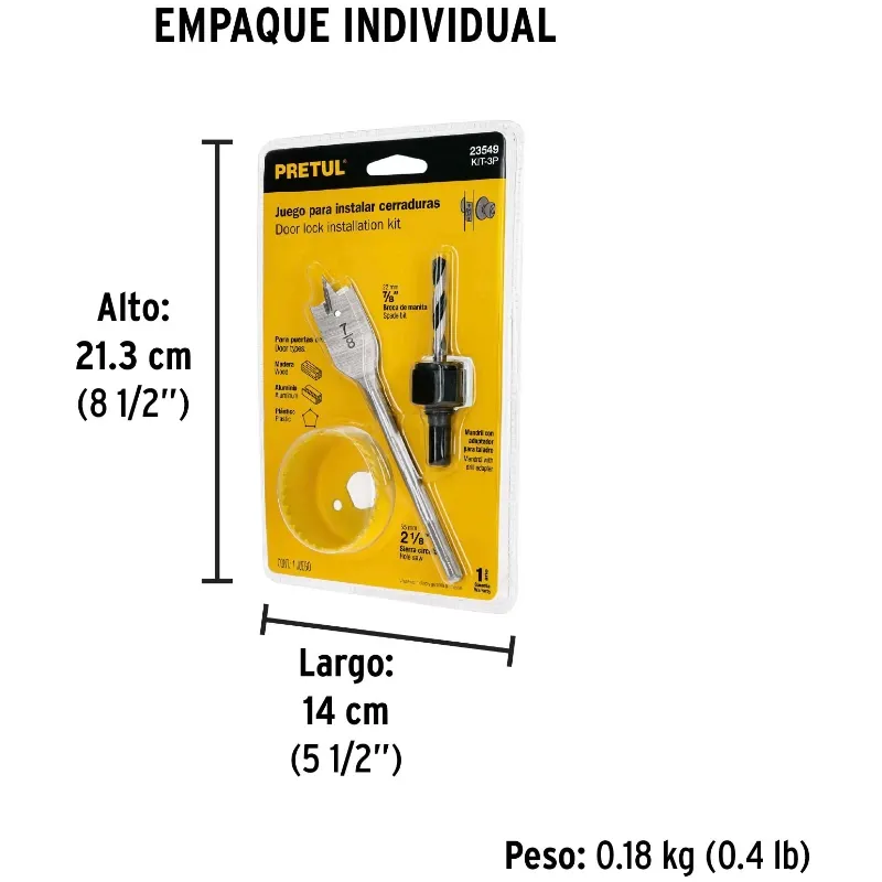Juego para instalar cerraduras, 3 piezas, para madera y aluminio, KIT-3P 23549 Pretul Pretul-Juego para instalar cerraduras, 3 p
