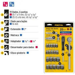 Juegos de herramientas 25 Piezas Dados E1/4-3/8 Pretul 23974 Pretul-Juegos de herramientas 25 Piezas Dados E1/4-3/8 Pretul 23974