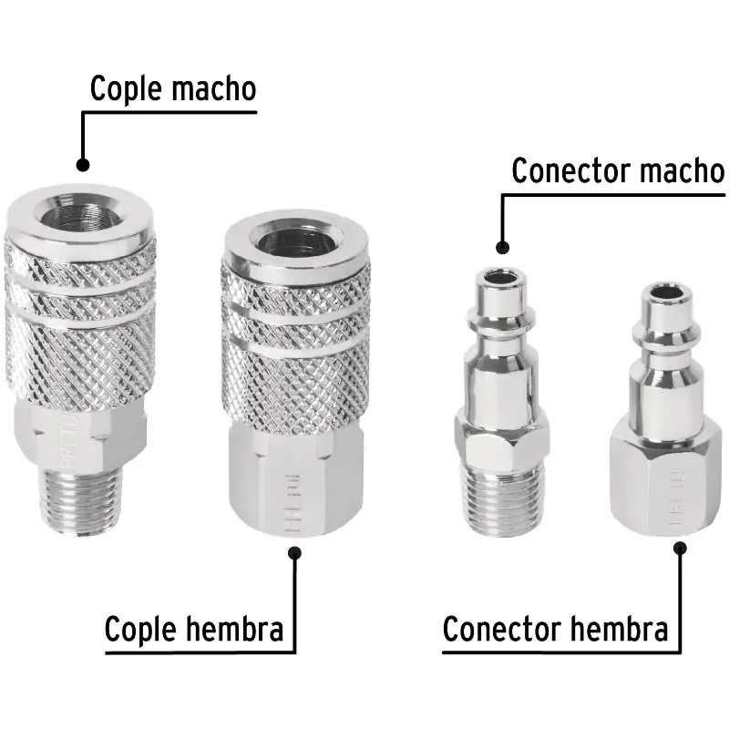 Juego de Acoples y Conectores de Acero Cromado 4 Piezas, Cuerda 1/4 NPT, CORAL-4P 27020 Pretul Pretul-Juego de Acoples y Conecto