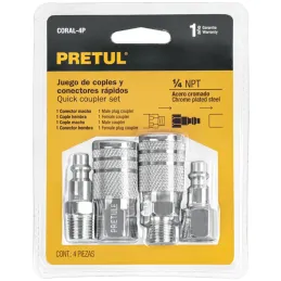 Juego de Acoples y Conectores de Acero Cromado 4 Piezas, Cuerda 1/4 NPT, CORAL-4P 27020 Pretul Pretul-Juego de Acoples y Conecto