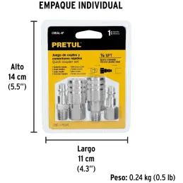 Juego de Acoples y Conectores de Acero Cromado 4 Piezas, Cuerda 1/4 NPT, CORAL-4P 27020 Pretul Pretul-Juego de Acoples y Conecto
