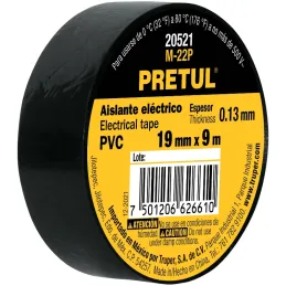 Cintas Aislantes 19mm x9m Negro acrilico E0.13mm, Flexible Pretul 20521 Pretul-Cintas Aislantes 19mm x9m Negro acrilico E0.13mm,