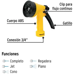 Pistola de Riego 5 Funciones Plasticas Gatillo y Clip para flujo continuo, PIM-55P 22765 Pretul Pretul-Pistola de Riego 5 Funcio