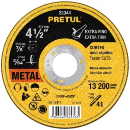 Discos Corte Metal 4-1/2" x1.2mm T41 OxidoAlumino, DICOF-4512P Pretul 22344 Pretul-Discos Corte Metal 4-1/2" x1.2mm T41 OxidoAlu