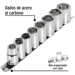 Juego de 8 dados Milimetrico 13 mm a 24 mm, encastre 1/2", en acero al carbono, JD-1/2X9mm-P 21176 Pretul Pretul-Juego de 8 dado