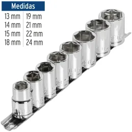 Juego de 8 dados Milimetrico 13 mm a 24 mm, encastre 1/2", en acero al carbono, JD-1/2X9mm-P 21176 Pretul Pretul-Juego de 8 dado