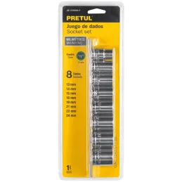 Juego de 8 dados Milimetrico 13 mm a 24 mm, encastre 1/2", en acero al carbono, JD-1/2X9mm-P 21176 Pretul Pretul-Juego de 8 dado